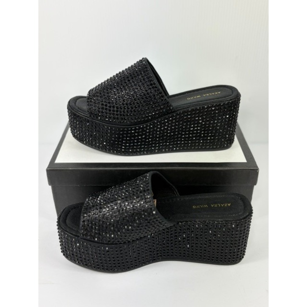 Azalea Wang Arachna Black Rhinestone Platform Wedge Slide Sandals Womens 8.5 - Picture 2 of 16